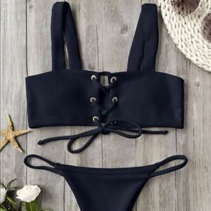 Zaful Ribbed Texture Lace Up Swim Suit